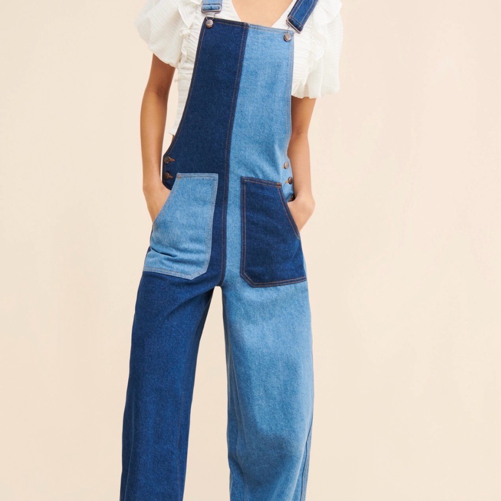 FARM Rio Two-Tone Blue Patchwork Wide-Leg Overalls - Picture 4 of 4